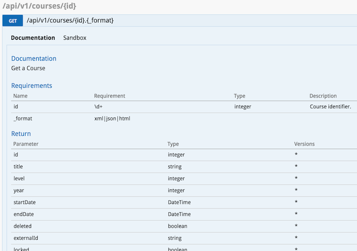 single course api docs screenshot