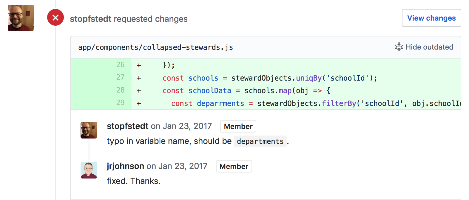 code review where a change is requested