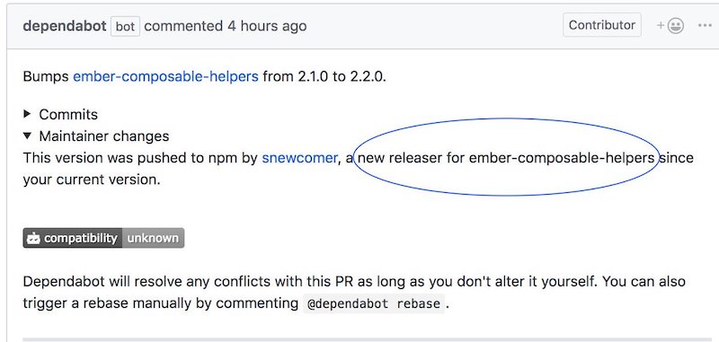 Dependabot PR which indicates a new person did the release
