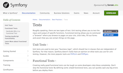 symfony testing docs screenshot