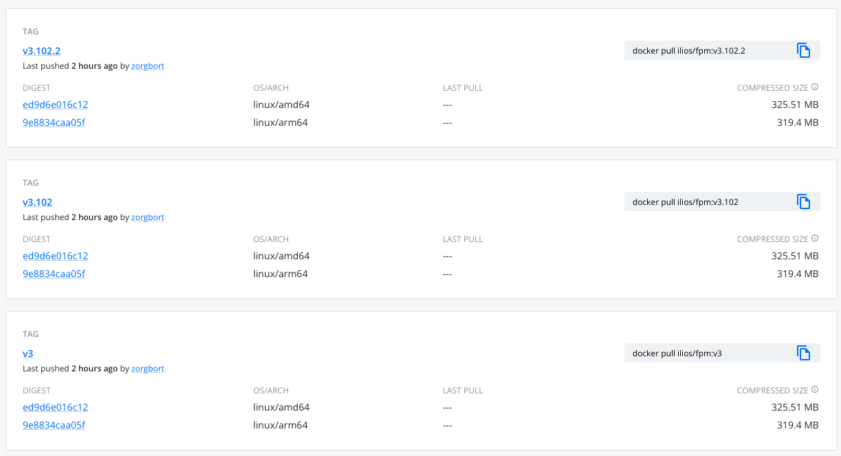 Listing of Ilios build tags showing v3.102.2, v3.102, and v3