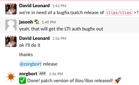Slack conversation with a chatbot starting the deploy