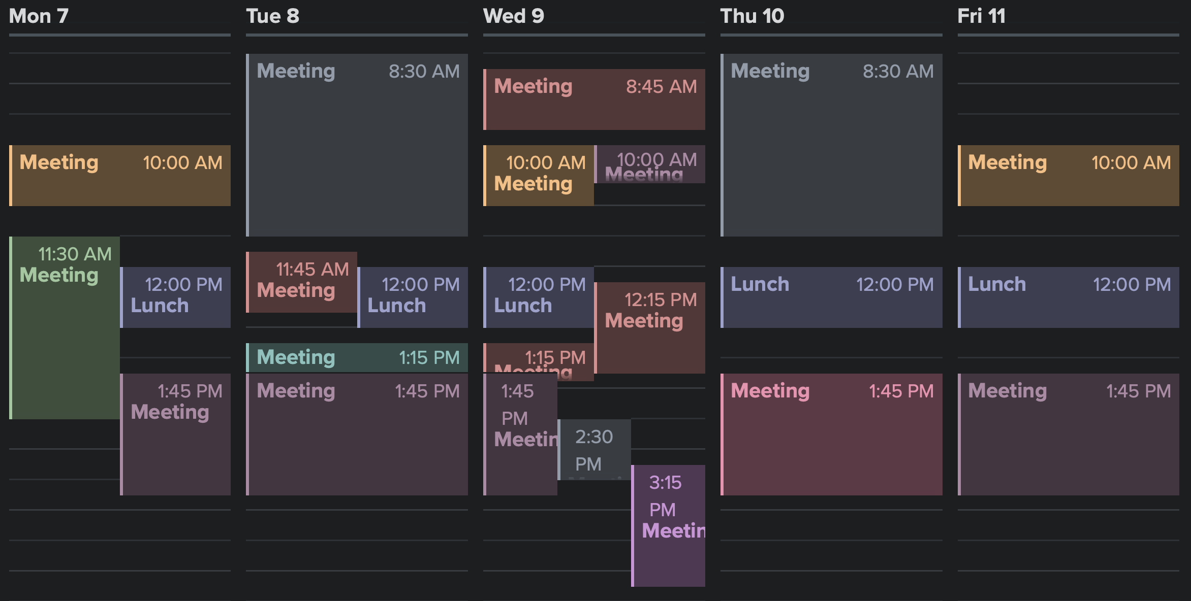 Calendar with meetings all over and overlapping, no focused time anywhere