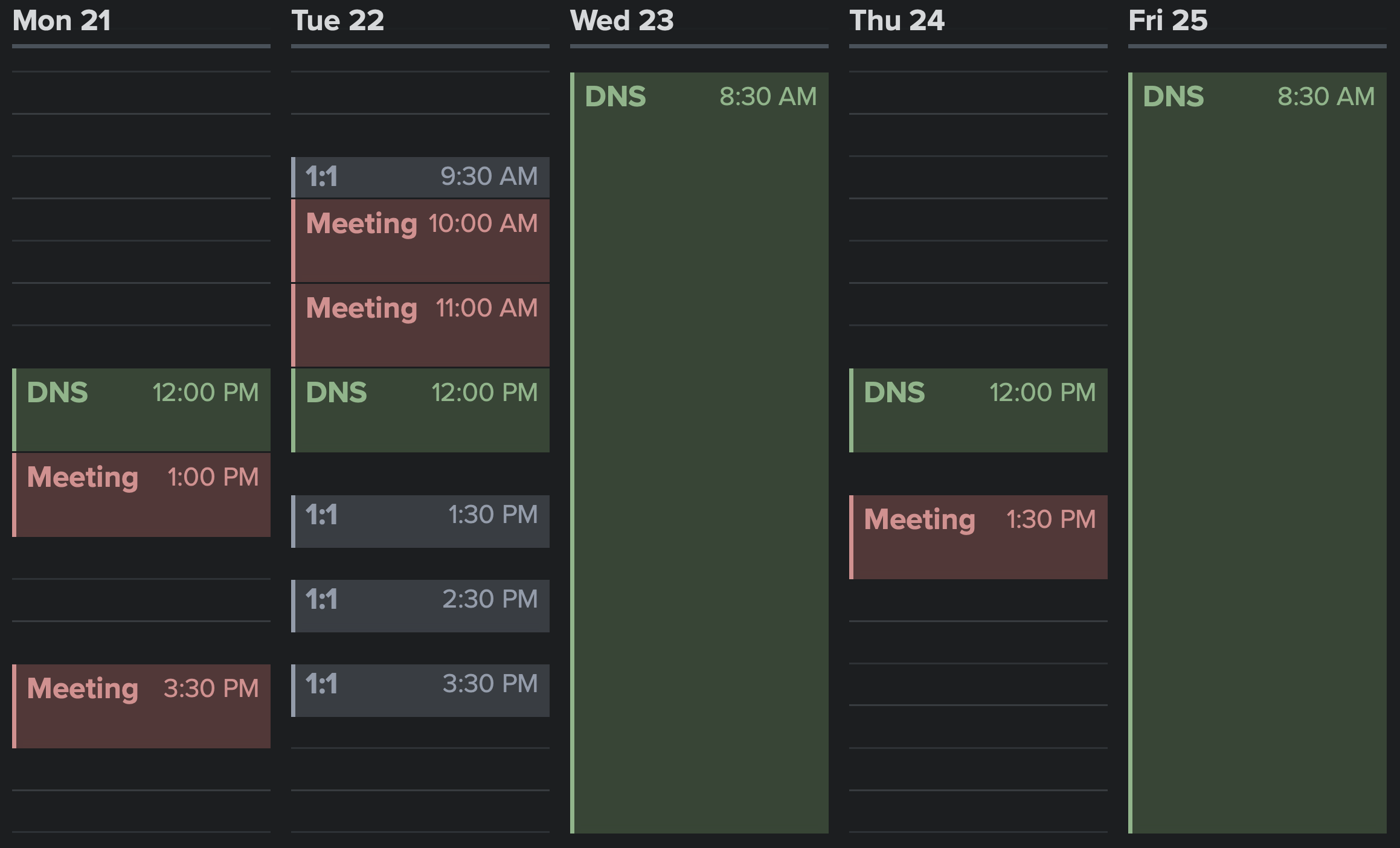 Calendar with Mornings and all day Wednesday and Friday blocked off, recurring meetings pushed together into blocks